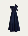 Rickie Freeman For Teri Jon Off-shoulder Floral Jacquard Bow Gown In Dark Navy