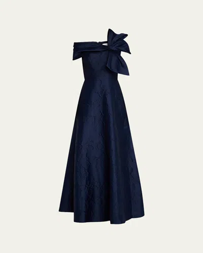 RICKIE FREEMAN FOR TERI JON OFF-SHOULDER FLORAL JACQUARD BOW GOWN
