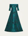 Rickie Freeman For Teri Jon Off-shoulder Floral Jacquard Gown In Teal Multi
