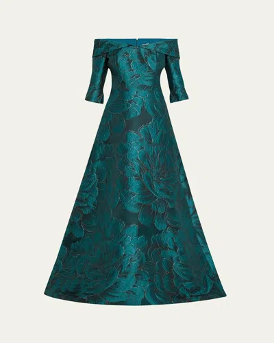 Rickie Freeman For Teri Jon Off-shoulder Floral Jacquard Gown In Teal Multi