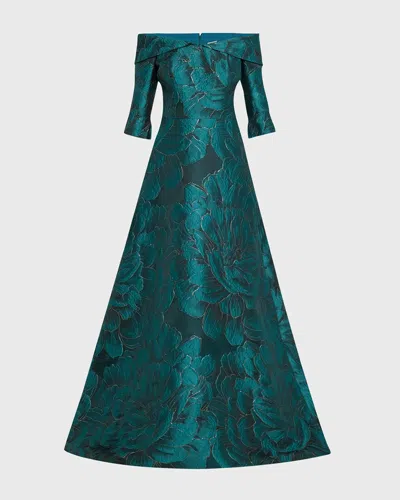 RICKIE FREEMAN FOR TERI JON OFF-SHOULDER FLORAL JACQUARD GOWN