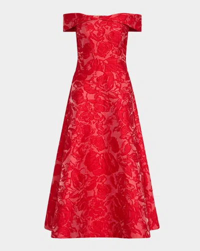 Rickie Freeman For Teri Jon Off-shoulder Floral Jacquard Midi Dress In Red