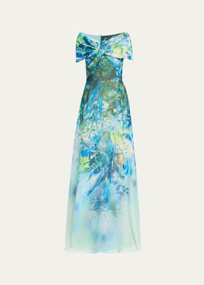 Rickie Freeman For Teri Jon Off-shoulder Floral-print Chiffon Gown In Blue Multi