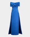 Rickie Freeman For Teri Jon Off-shoulder Gazar Cape Gown In Royal Blue