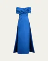 Rickie Freeman For Teri Jon Off-shoulder Gazar Cape Gown In Royal Blue