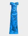 Rickie Freeman For Teri Jon Off-shoulder Gazar Column Gown In Blue Multi