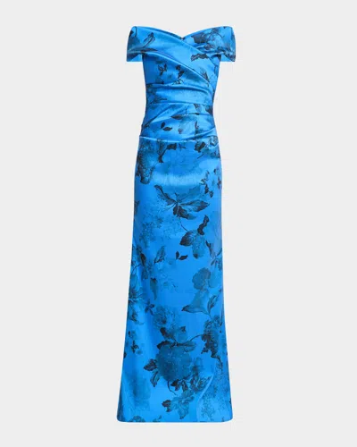 Rickie Freeman For Teri Jon Off-shoulder Gazar Column Gown In Blue Multi