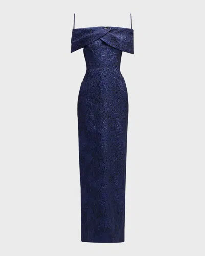 Rickie Freeman For Teri Jon Off-shoulder Jacquard Column Gown In Blue