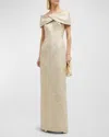 RICKIE FREEMAN FOR TERI JON OFF-SHOULDER JACQUARD COLUMN GOWN