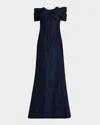 Rickie Freeman For Teri Jon Off-shoulder Jacquard Trumpet Gown In Navy