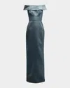 Rickie Freeman For Teri Jon Off-shoulder Metallic Column Gown In Blue