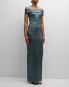 Rickie Freeman For Teri Jon Off-shoulder Metallic Column Gown In Blue Smoke