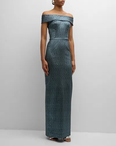 Rickie Freeman For Teri Jon Off-shoulder Metallic Column Gown In Blue Smoke