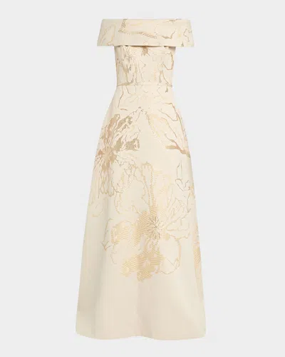 Rickie Freeman For Teri Jon Off-shoulder Metallic Floral Jacquard Gown In Neutral
