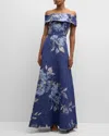 Rickie Freeman For Teri Jon Off-shoulder Metallic Flower Jacquard Gown In Blue Multi