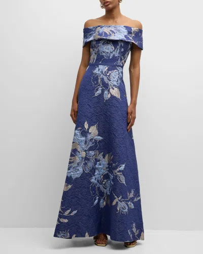 Rickie Freeman For Teri Jon Off-shoulder Metallic Flower Jacquard Gown In Blue Multi
