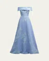 Rickie Freeman For Teri Jon Off-shoulder Metallic Flower Jacquard Gown In Peri Mul