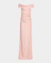 Rickie Freeman For Teri Jon Off-shoulder Metallic Jacquard Column Gown In Pink