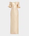 Rickie Freeman For Teri Jon Off-shoulder Metallic Jacquard Column Gown In Gold