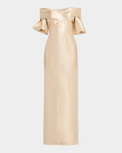 Rickie Freeman For Teri Jon Off-shoulder Metallic Jacquard Column Gown In Gold