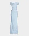 Rickie Freeman For Teri Jon Off-shoulder Metallic Jacquard Column Gown In Light Blue