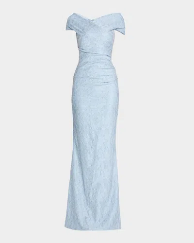 Rickie Freeman For Teri Jon Off-shoulder Metallic Jacquard Column Gown In Light Blue