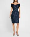 RICKIE FREEMAN FOR TERI JON OFF-SHOULDER METALLIC JACQUARD DRESS