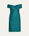Rickie Freeman For Teri Jon Off-shoulder Metallic Jacquard Dress In Emerald