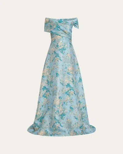 Rickie Freeman For Teri Jon Off-shoulder Metallic Jacquard Gown In Aqua Multi
