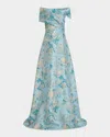 Rickie Freeman For Teri Jon Off-shoulder Metallic Jacquard Gown In Aqua Multi