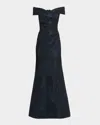 Rickie Freeman For Teri Jon Off-shoulder Metallic Jacquard Gown In Black