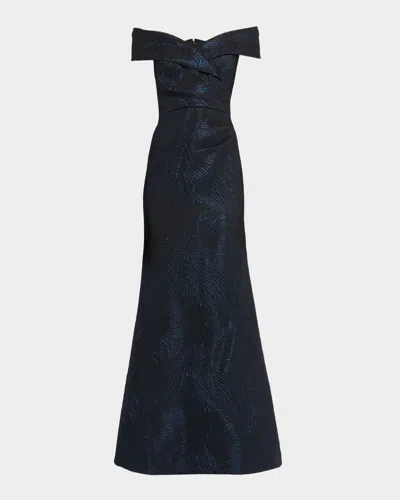Rickie Freeman For Teri Jon Off-shoulder Metallic Jacquard Gown In Black