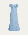 Rickie Freeman For Teri Jon Off-shoulder Metallic Jacquard Gown In Blue Multi