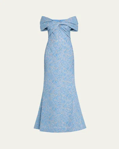 Rickie Freeman For Teri Jon Off-shoulder Metallic Jacquard Gown In Blue Multi