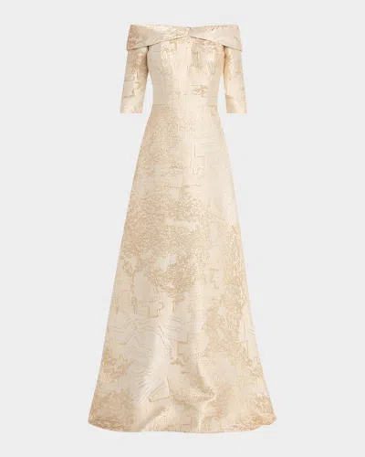 Rickie Freeman For Teri Jon Off-shoulder Metallic Jacquard Gown In Cham Gold