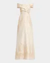 Rickie Freeman For Teri Jon Off-shoulder Metallic Jacquard Gown In Champagne Gold