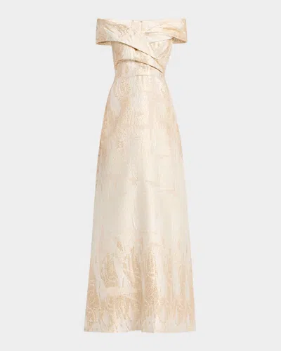 Rickie Freeman For Teri Jon Off-shoulder Metallic Jacquard Gown In Champagne Gold