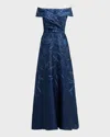Rickie Freeman For Teri Jon Off-shoulder Metallic Jacquard Gown In Blue