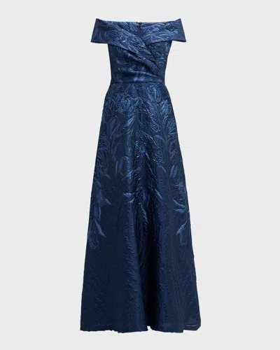 Rickie Freeman For Teri Jon Off-shoulder Metallic Jacquard Gown In Blue