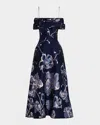 Rickie Freeman For Teri Jon Off-shoulder Metallic Jacquard Gown In Navy Multi