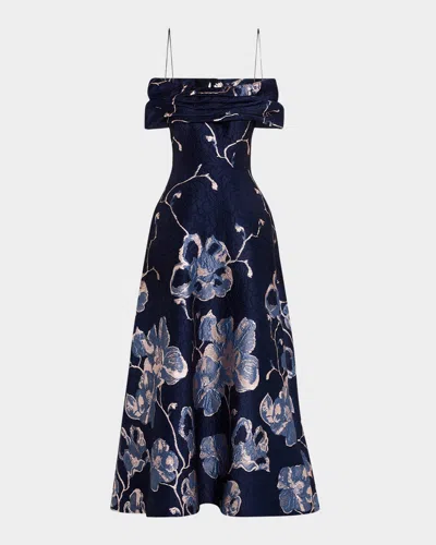 Rickie Freeman For Teri Jon Off-shoulder Metallic Jacquard Gown In Navy Multi