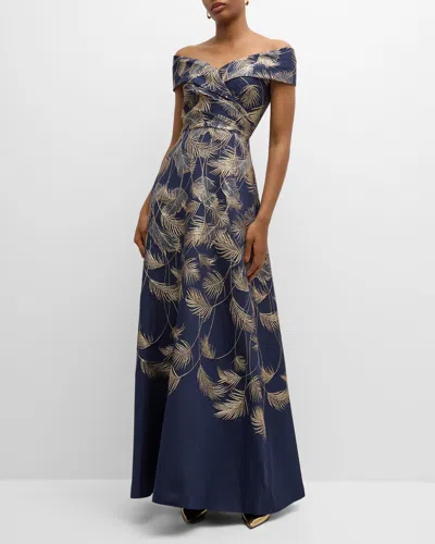 Rickie Freeman For Teri Jon Off-shoulder Metallic Jacquard Gown In Navygold