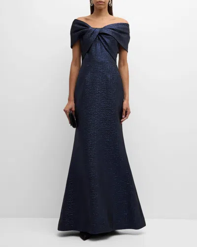 Rickie Freeman For Teri Jon Off-shoulder Metallic Jacquard Mermaid Gown In Sapphire