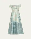Rickie Freeman For Teri Jon Off-shoulder Metallic Jacquard Midi Dress In Animal Print