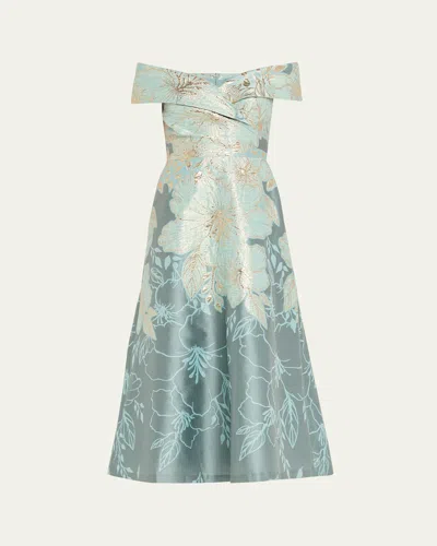 Rickie Freeman For Teri Jon Off-shoulder Metallic Jacquard Midi Dress In Animal Print