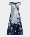 Rickie Freeman For Teri Jon Off-shoulder Metallic Jacquard Midi Dress In Blue
