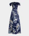Rickie Freeman For Teri Jon Off-shoulder Metallic Organza Jacquard Gown In Blue Multi