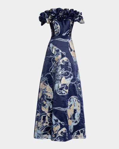 Rickie Freeman For Teri Jon Off-shoulder Metallic Organza Jacquard Gown In Blue Multi