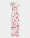 Rickie Freeman For Teri Jon Off-shoulder Pleated Mikado Column Gown In White Multi