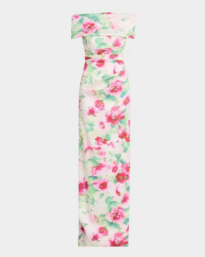 Rickie Freeman For Teri Jon Off-shoulder Pleated Mikado Column Gown In White Multi